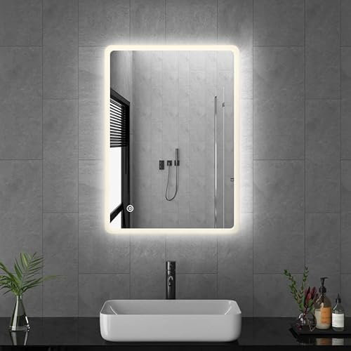 Goezes Badspiegel mit Beleuchtung 40x60cm LED Badezimmerspiegel, 60x40cm Badspiegel 3 Lichtfarbe Dimmbare 3000-6500K, Badezimmer Spiegel mit licht, Schminkspiegel mit Touchschalter