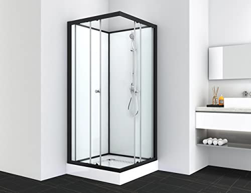 SANOTECHNIK Komplettduschkabine UNI 1 Schwarz 80×80×203 cm – All‑in‑One Komplettdusche | 4 mm ESG‑Sicherheitsglas, Einhebelmischer & Handbrause, Eck‑Schiebetür, Glasablage, PS14B