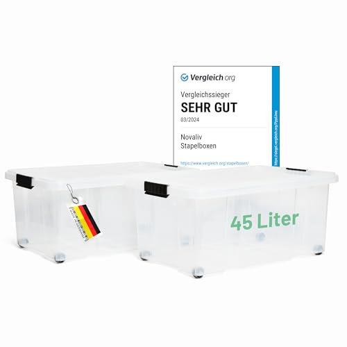 Novaliv 2x Aufbewahrungsboxen mit Deckel Groß 45L transparente Nestbar stapelbar mit Clipverschluss Rollboxen Kunststoff BPA-frei 61x40x26 cm