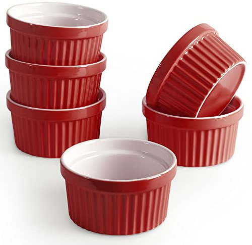 homEdge Porzellan Auflaufförmchen Set 240 ml / 8 Fl Ounces Eisschale Creme Brûlée Auflaufförmchen Soufflé Becher zum Backen 6er Set Rot