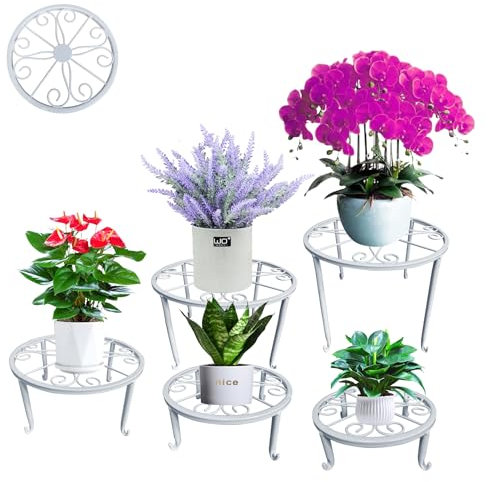 5 Pack Metal Plant Stand for Indoor and Outdoor, Rustproof Iron Round Heavy Duty Flower stand For Multiple Plant shelf, Planter, Potted Plant Holder for Garden Home-Assorted 5 Sizes-white