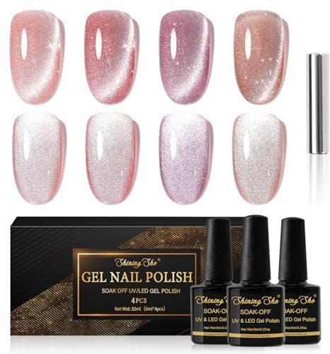 Shining She Cat Eye Gel Nail Polish, 4 Colours Jelly Nude Pink Rose Gold Magnetic Nail Polish with Magnet Soak-Off UV/LED Holographic Cat Eye Gel Polish for Nail Art Salon DIY Home, 8ML