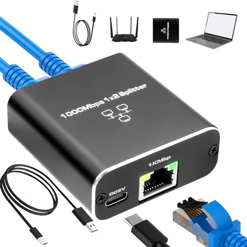 Qooloo Switch Ethernet 1 à 2,Répartiteur réseau RJ45,Adaptateur Ethernet 1000Mbps,Plug-and-Play, avec Port d'alimentation USB pour Ordinateur,positionnement Bureau ou Mur