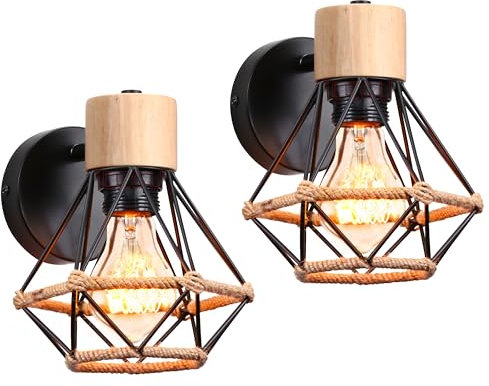 iDEGU 2 Piezas Lámparas de Pared Vintage 16CM Aplique Pared Interior de Madera Metal Industrial Diseño Jaula con Cuerda de Cáñamo Ajustable Iluminación E27 Negro para Salón Dormitorio Pasillo Cocina