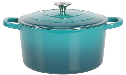 Crock Pot Artisan 6-Quart Round European Enameled Cast Iron Dutch Oven Pot With Lid -Teal Ombre