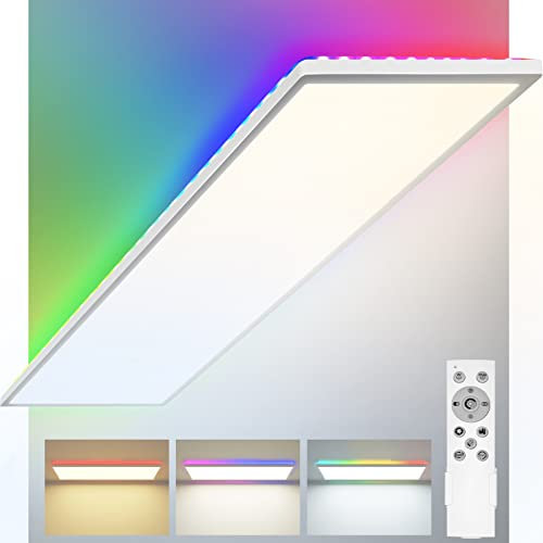 35W LED Panel Deckenleuchte mit Dimmbar Fernbedienung, 80x25cm RGB Deckenlampe 13 Farbwechsel Rückseitenbeleuchtung & 4000LM Frontbeleuchtung CCT 3000K-6000K, Flach Küchenlampe für Büro Wohnzimmer