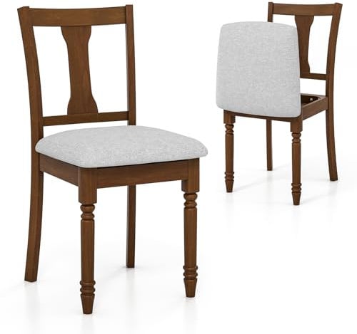 TANGZON Dining Chairs Set of 2, Linen Fabric Kitchen Chairs with Acacia Wood Legs, Padded Cushion & Hidden Seat Storage, Upholstered Accent Chairs for Living Room, 160kg Load Capacity (Walnut+Grey)