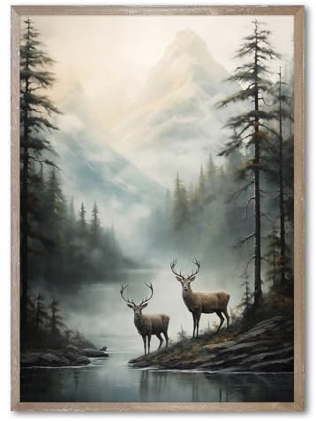 Vintage Hirsch Wandkunst Nebelbild Wald Tier Leinwand Bergsee Druck Wildlife Kunstwerk Berg Poster Waldlandschaft Bild 40,6 x 61 cm ohne Rahmen