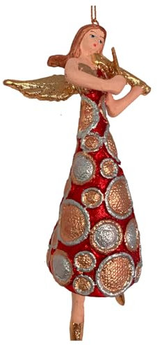 Engel groß Weihnachten Baumschmuck Figur Deko Hänger Christbaumschmuck Ornament 15 cm (rot-Gold mit gepunktetem Kleid und Geige)