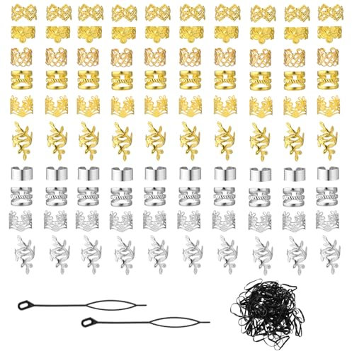 dusaniyali 100 Stück Dreadlocks Schmuck Set Haarschmuck Pirat Haarringe Silber und Gold Piraten Haarschmuck Braids Zubehör mit Gummibänder, Aufbewahrungsbox für Zöpfe Haare