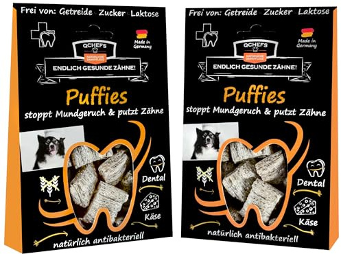 QCHEFS 2X Puffies Hundeleckerli Zahnpflege Zahnpflege gegen Mundgeruch Hund | Zahnfleischentzündung, Zahnsteinentferner, natürliche Zahnpflege, ohne Dentalspray, Zahnbürste oder Zahnpasta