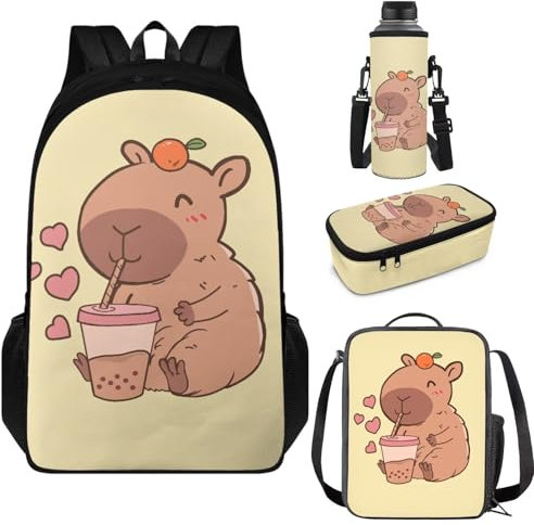 Aplkyhs Sacs à dos pour garçons et filles - Sac à déjeuner - Trousse à crayons - Porte-bouteille d'eau, Kapybara mignon, taille unique