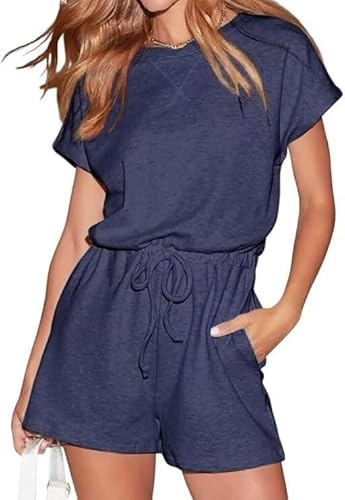 LACOZY Womens Summer Jumpsuit Short Sleeve Crewneck One Piece Rompers Drawstring Jumpsuits T Shirt Vacation Outfits 2025