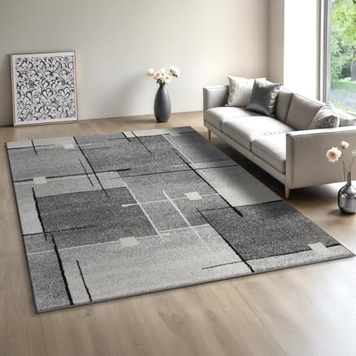 Mia´s Teppiche Modena - Moderner Kurzflor Teppich, Wohnzimmer & Schlafzimmer, weich & pflegeleicht, geometrische Muster, Kariert, Grau, 240 x 330 cm