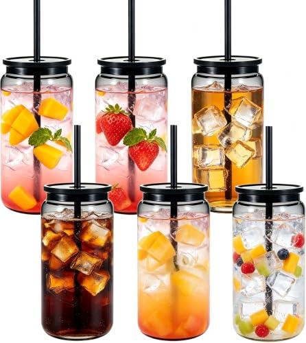 Yisituo 500ml Plastic Cups with Lids and Straws, Reusable Iced Coffee Cups, BPA Free for Smoothies, Hot/Cold Drinks, Cola, Juice, Soda, 6 Pack (6, Light Black)