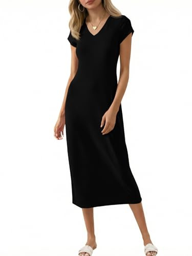 Wenrine Abito Midi T-Shirt da Donna a Maniche Corte con Scollo a V | Abito midi estivo tinta unita da donna a maniche corte e scollo a V
