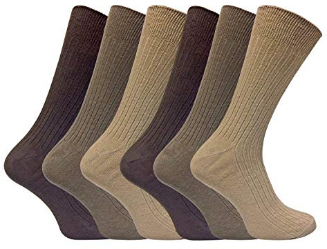 6 Pack Mens Thin Soft 100% Cotton Rich Breathable Coloured Ribbed Dress Socks (6-11 UK, SE002 Brown)
