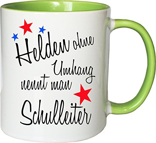 Mister Merchandise Becher Tasse Helden ohne Umhang nennt man Schulleiter Kaffee Kaffeetasse liebevoll Bedruckt Beruf Job Geschenk Weiß-Grün