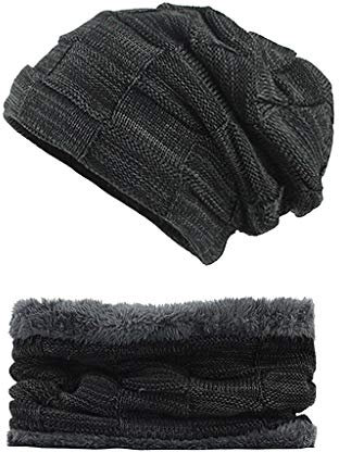 Kolylong® Strickmützen Warm Gefütterte Beanie + Schal mit Teddy-Fleece Fütterung Wintermütze Hoddie Slouch Beanie Warmer Einheitsgröße für Damen & Herren Mütze 56~62cm