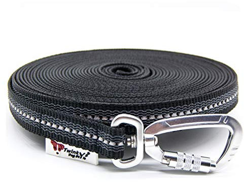 Twinkys Dog Style Schleppleine gummiert mit Sicherheitskarabiner 20 mm breit für Hunde bis 50 kg - MIT Handschlaufe 15 Meter Schwarz Reflektierend Made in Germany
