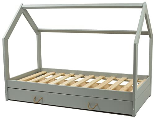 Kinderbett mit Schublade Hausbett Einzelbett Spielbett Schubkastenbett 160x80cm (Farbe: grau)