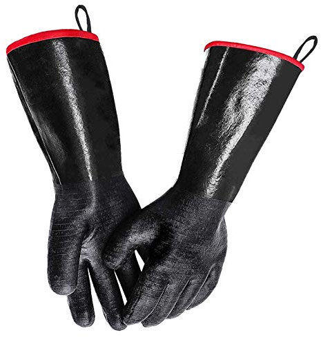 Food-Grade Neoprene Rubber BBQ Gloves, Water, Fire & Stain Resistant Gloves, Heat Resistant Oven Glove for Brewing Beer, Frying Turkeys, Dying Yarn, Cooking Barbecue Gloves, Hot Pads (Black)