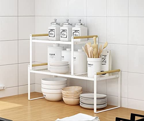 Thrarise 2er-Set Küchenregal, Gewürzregale, Eisen und Holzgriff, geeignet für Zuhause,Küche und küchenschrank organizer, regaleinsatz,Weiß(35 x 21 x 20)+(53 x 21 x 20)