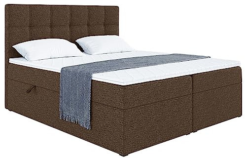 MEBLINI Boxspringbett mit Bettkasten - Gepolstert Doppelbett mit Matratze und Topper - Polsterbett mit Stauraum - Bett mit Kopfteil - Stauraumbett - NILS - 180x200 - H3/Braun Webstoff
