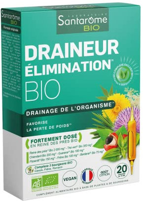 Santarome Bio - Draineur Elimination Complément alimentaire minceur Favorise la perte de poids Reine des près, Thé Vert, Chiendent Trio bourgeons 20 ampoules Végan Made In France, 200.0 millilitre