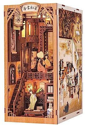 Cutefun DIY Book Nook Kit, Miniatur Puppenhaus Kit, Bookshelf Decor, Bücherecke, 3D Wooden Puzzles Modellbausätze mit LED Leuchten und Einsteckbar Staubschutzplatte, Ink Rhyme Bookstore