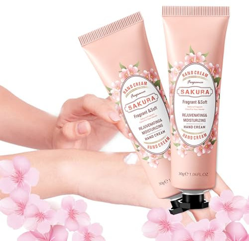 Crema de Manos,Crema Hidratante con Fragancias,Crema Manos Natural,Crema Hidratante Manos,Crema Manos Mini,Crema Manos Reparadora,para Manos y Pies Secos,Flores de cerezo,30g,2 piezas