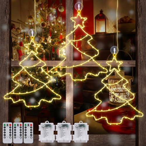 Herefun Weihnachtsdeko Fenster Beleuchtet, 3er Hängend Fensterlicht mit Saugnäpfe, LED Weihnachten Lichter, Vorhang Batteriebetrieben für Innen Außen