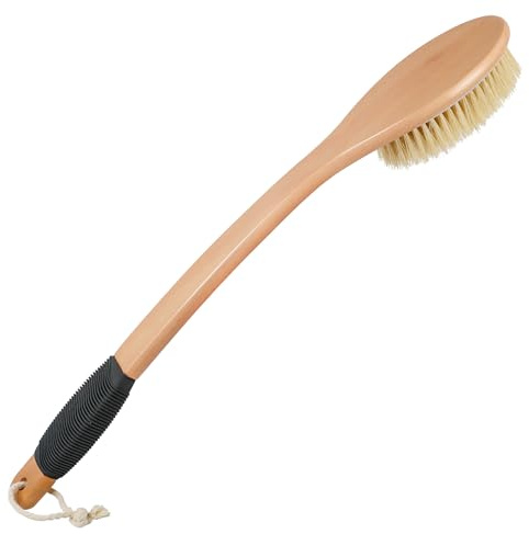 OWIIZI Back Scrubber Brush for Shower, Long Stiff Bristle Body Bath Brushes, Wooden Curved Long Handle Skin Exfoliator for Men Women Wet or Dry Use