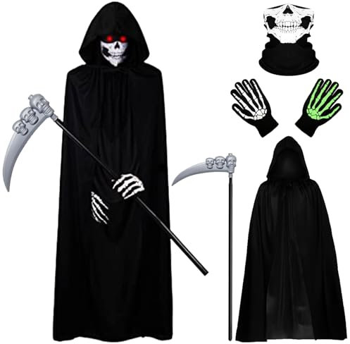 Atuoxing Sensenmann Kostüm Set, Schwarzer Umhang mit Kapuze, Faschingskostüme Herren, Scream Kostüm mit Sichel, Sense Kostüm für Erwachsene Karneval Cosplay