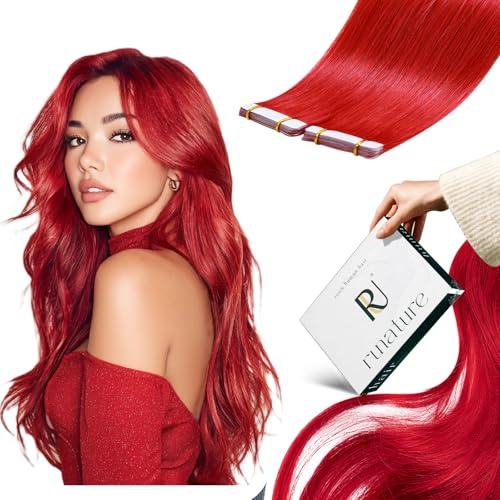 RUNATURE Echthaar Extensions Tape Rot 35cm 10pcs 20g #Red | Echthaar Tape Extensions Rot – Hitzebeständig, Wiederverwendbar. Doppelt Gewebt, Seidig Glatt, Verhedderfrei, Sofort Volumen.
