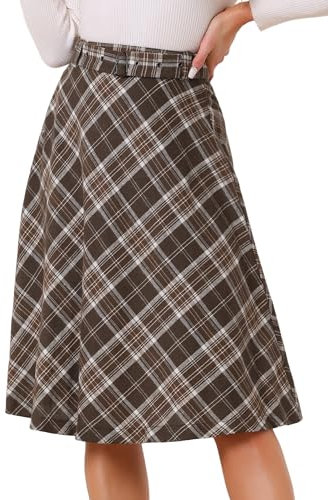 Allegra K Jupe midi trapèze Vintage à Carreaux Taille Haute avec Ceinture pour Femme Kaki L