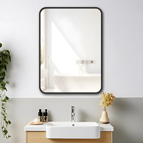 MIQU Badezimmerspiegel 80x60 cm Wandspiegel Groß Badspiegel ohne Beleuchtung Rechteckig mit Schwarz Metall Rahmen Dekorative Spiegel für Badezimmer, Wohnzimmer, WC, Flur K