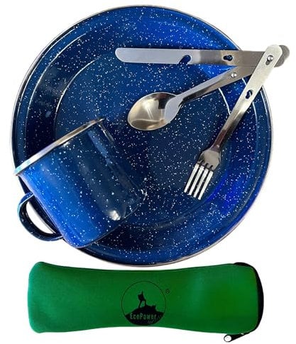 ECOPOWER SPORTS Mess kit, 1 Person Camping & Picnic tableware Dining Set, BLUE 350ml Mug/24 CM Plate/Stainless Steel Cutlery Knife With Bottle Opener, Fork, Spoon and Hygienic Pouch. 6PCS