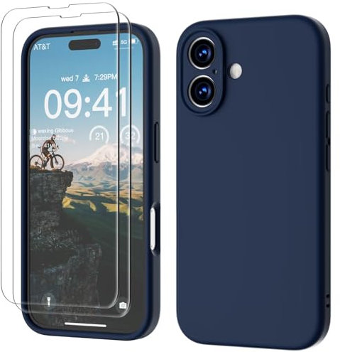 GOODVISH 3 IN 1 for iPhone 16 Case 6.1 inch, Upgraded Camera Protection, 2X HD Screen Protector, Liquid Silicone Anti-Scratch Shockproof Gel Rubber Anti-Fingerprint Phone Case Cover, Navy Blue