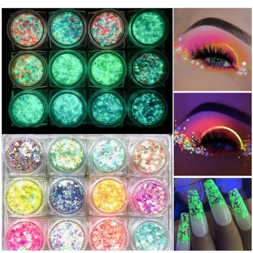KARLOR Fluorescent Glitter Gel Set,12 Pcs Glow Face Glitter Self-Adhesive, Fluorescent Body Glitters Gel Festival Make-up Sequin Chunky Hair Body Liquid Shimmer Glow in Dark
