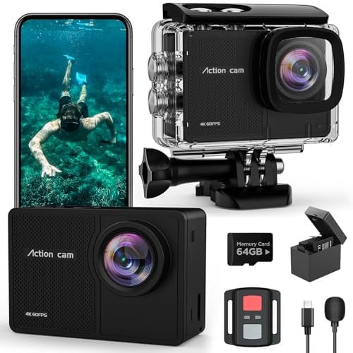 4K 60FPS Cámara Deportiva - 48MP WiFi Videocámara con Tarjeta SD 64G,170° EIS Cámara Acuática, Cámara Subacuática 40M, Cámara de Acción para Casco con Control Remoto, 2 * 1350mAh Baterías