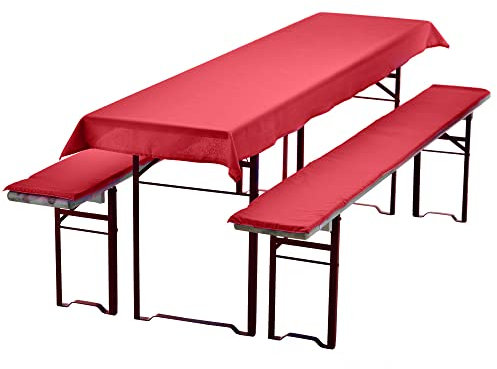 NYVI Bierbankauflagen Set NYVIGala 240x90 cm Rot - 1x Tischdecke für 220x70 cm Biertische & 2X Gepolsterte Auflage für 220x25 cm Bierbänke - Sitzauflage für Bierzeltgarnitur