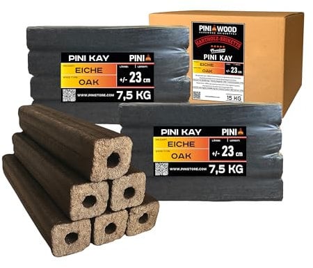 PINI Kay Briquettes de bois de chêne carrées, 23 cm de long, avec trou de traction, 15 kg, briquettes de bois de chêne, cheminée, four, foyer, barbecue