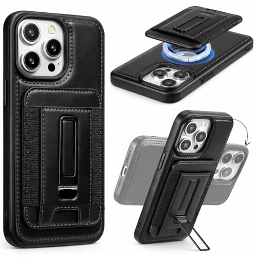 Mizi 3-in-1 Mag Safe Wallet with Stand & Ring Grip, Strong Magnetic Vegan Leather Card Holder, RFID Blocking, Holds 5 Cards, for iPhone 17/16/15/14/13/12 Series (Not for 13/12 Mini) - Black