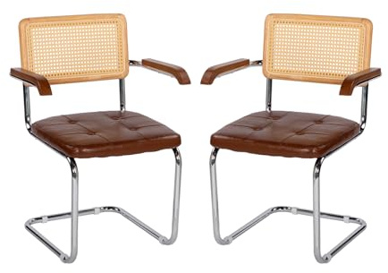 EGGREE 2er-Pack Rattan-Esszimmerstühle mit Armlehnen und verzinktem Eisenrahmen, Armlehnstühle mit PU-Polsterung für Konferenzräume, Büros und Esszimmer, G02-Braun
