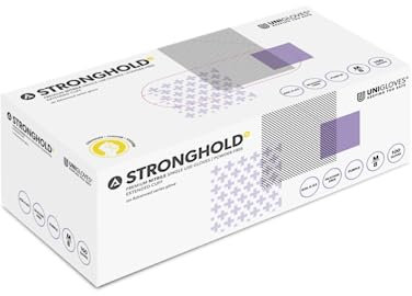 UNIGLOVES Advanced Stronghold+ GM0071 Nitril-Untersuchung – Mehrzweck, puderfrei, latexfreie Einweghandschuhe, Box mit 100 Stück, Violett, Größe XS