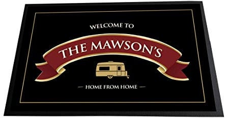ARTYLICIOUS Personalised Caravan Red Ribbon printed Door mat 60 x 40cm, non slip base mat, home from home