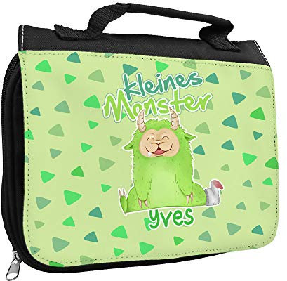 Kulturbeutel mit Namen Yves und Motiv - Kleines Monster - | Kulturtasche mit Vornamen | Waschtasche für Kinder