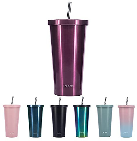 LoFone Isolierter Thermobecher mit Strohhalm, 500ml Doppelwandiger Thermobecher, Edelstahl-Kaffeetasse für eisige oder heiße Getränke (lila)