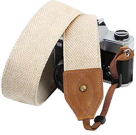 Padwa Lifestyle 2 Wide Classic Crazy Horse Art Cowhide Head Camera Strap - Beige White Twill Cashmere Vintage Camera Straps for Photographers, Adjustable Shoulder & Neck Strap Fits All DSLR Cameras